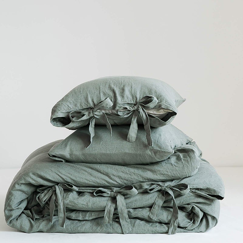 Simple&Opulence 100% Linen Duvet Cover Set, 3 Pieces Belgian Flax Breathable Bedding, King Size 104''x92'' (1 Comforter Cover+2 Pillowshams) with Tie Closure Style,Greyish-Green - Image 1